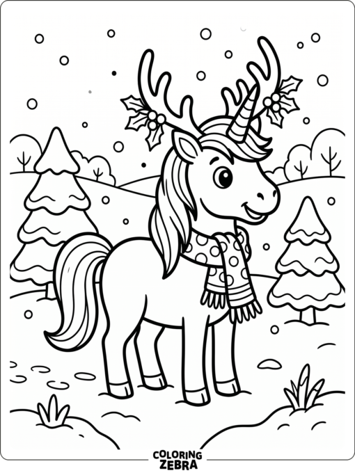 A unicorn with antlers and a scarf in the snow