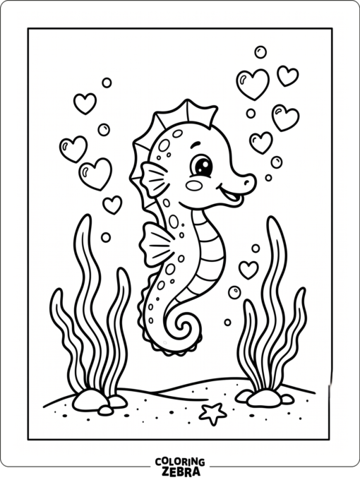 A smiling baby seahorse with heart bubbles