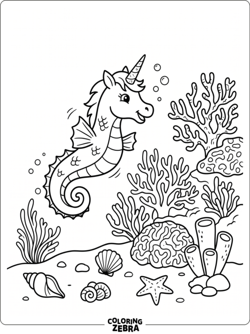 A unicorn seahorse gliding near coral and shells