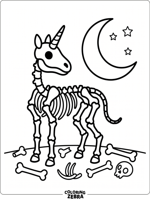 A unicorn skeleton with a moon and scattered bones
