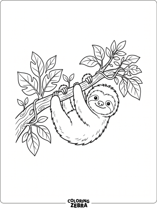 A baby sloth on a branch with leaves