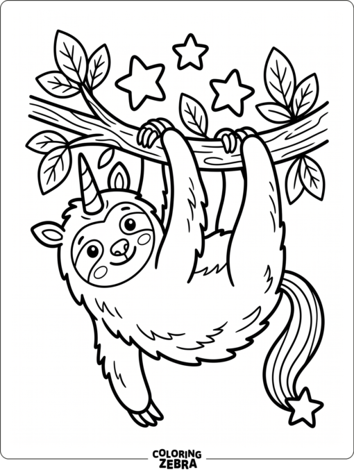A sloth unicorn hanging from a branch with stars