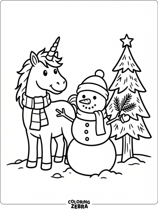 A unicorn in a scarf stands next to a snowman