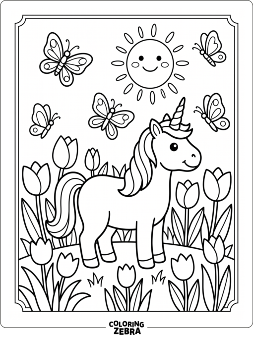 A unicorn stands in spring flowers with butterflies