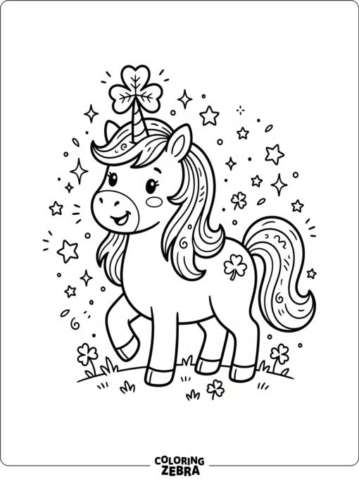 Cute unicorn with a shamrock horn and stars