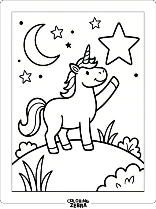 A unicorn reaches toward a large star