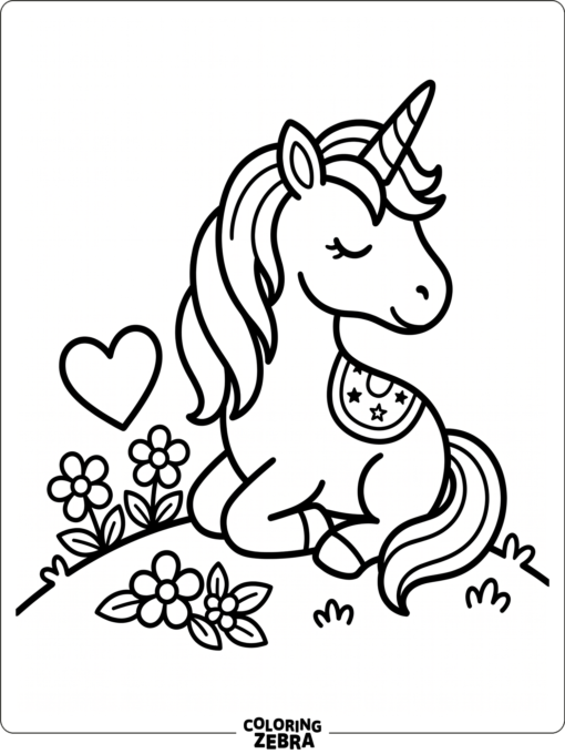 A peaceful unicorn sits with a tiny heart and simple flowers around it