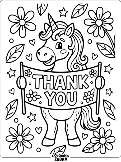 A unicorn holding a thank you banner with flowers