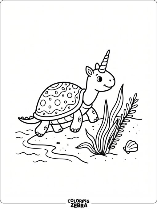 A unicorn turtle near sea grass and a shell