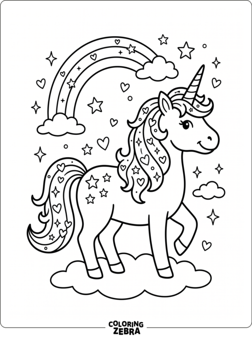 Smiling unicorn with heart mane and stars