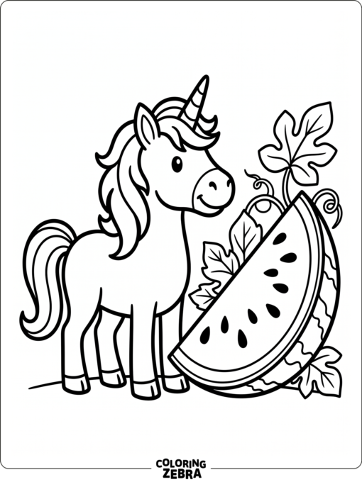 A unicorn stands next to a sliced watermelon