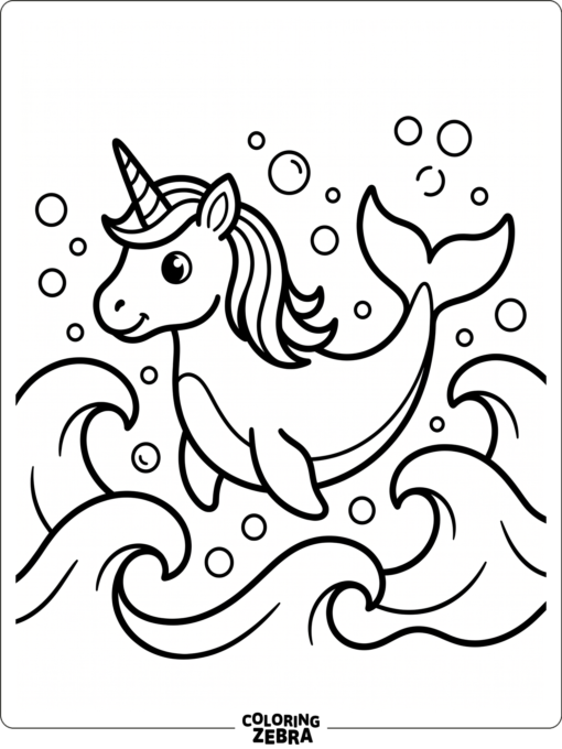 A unicorn whale swimming through waves and bubbles