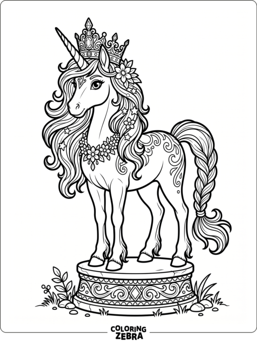 A unicorn wearing a crown on a pedestal