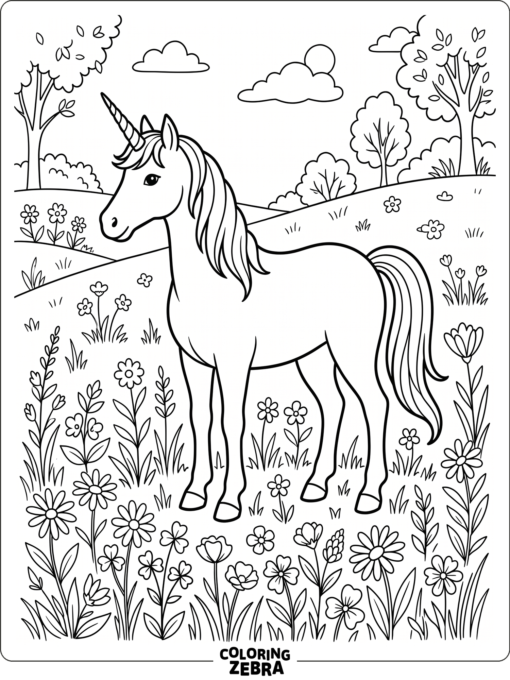 A unicorn standing among flowers in a meadow