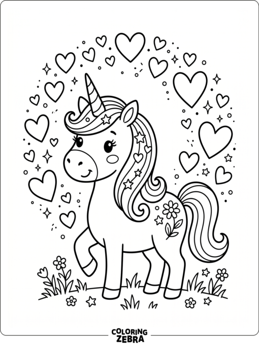 A unicorn surrounded by floating hearts