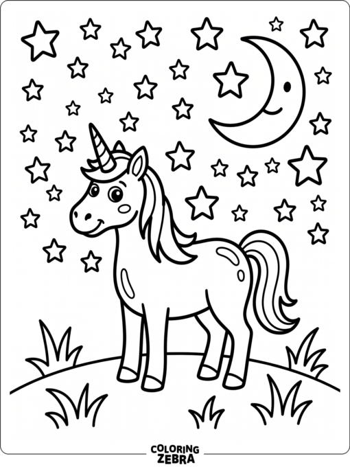 A unicorn standing under stars and a crescent moon