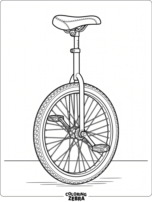 A unicycle standing upright on a plain floor
