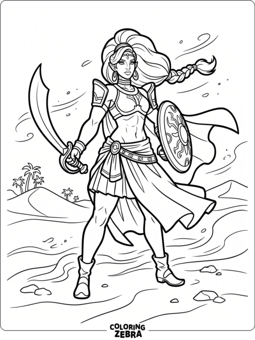 Urbosa holding her sword in a desert scene