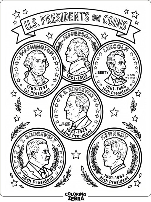 US presidents on coins with laurel leaves