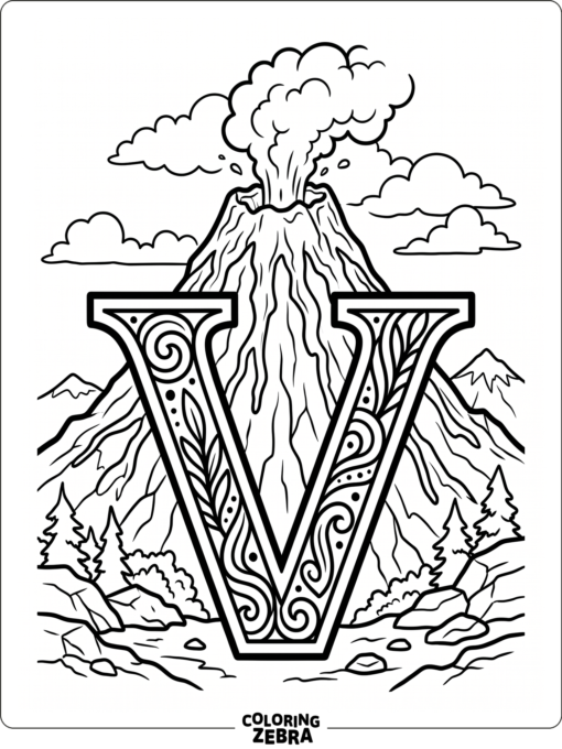 A large letter V with a volcano behind it