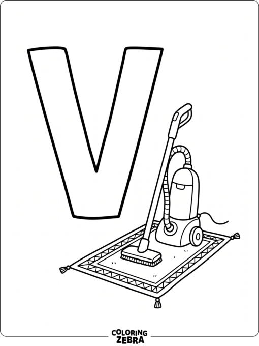 A big letter V with a vacuum cleaner and rug