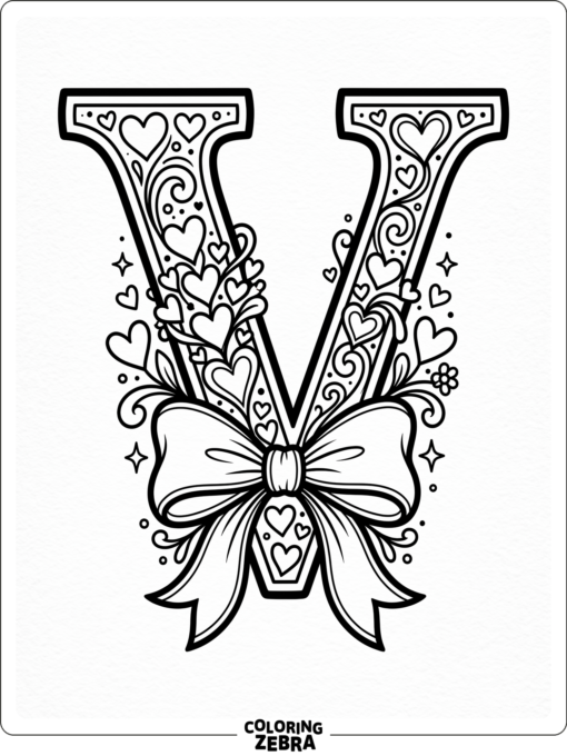 A big letter V decorated with hearts and a bow