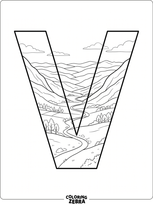 A letter V above a wide valley