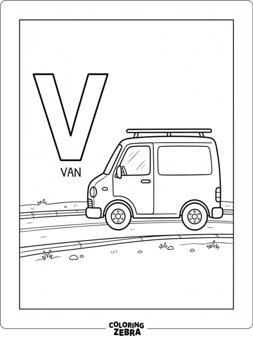 A letter V next to a small van on a road