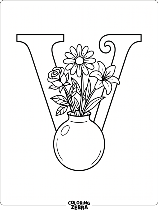 A letter V beside a vase with flowers