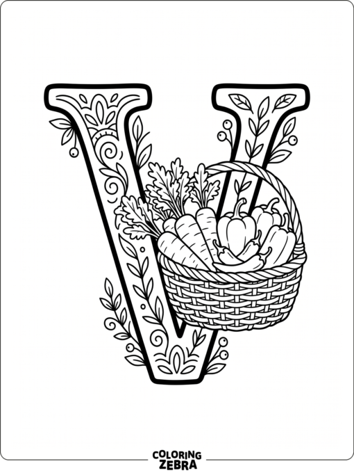 A big letter V with a basket of vegetables