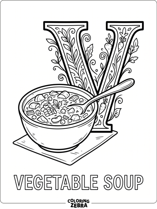A big letter V with a bowl of vegetable soup