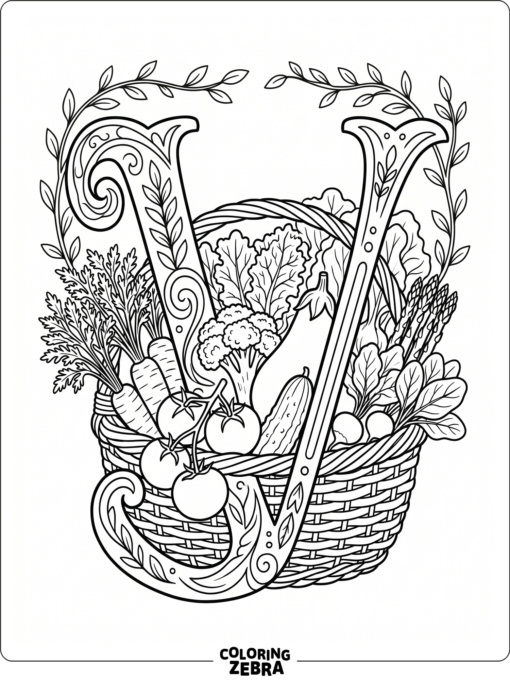 A letter V beside a basket of vegetables