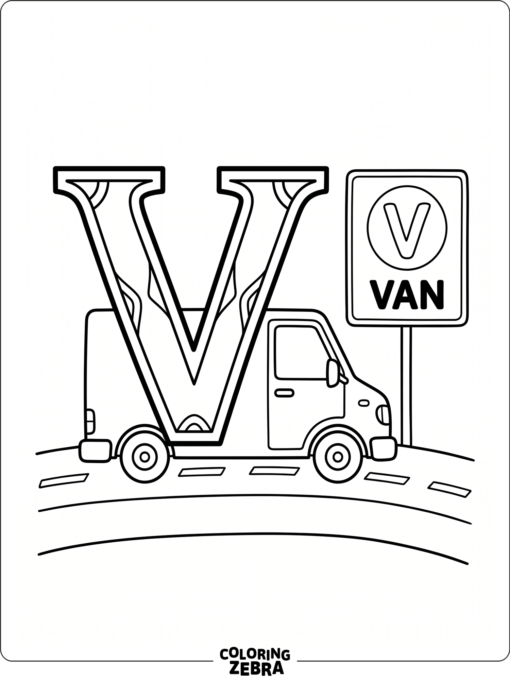 A letter V with a van and road sign