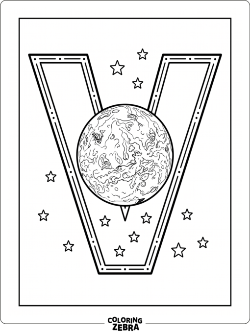 A big letter V with the planet Venus and stars