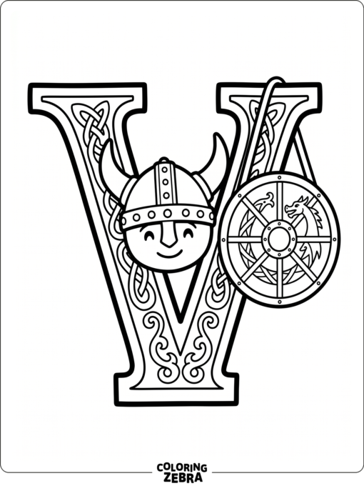 A big letter V with a viking helmet and shield