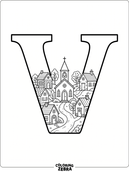 A letter V over a tiny village