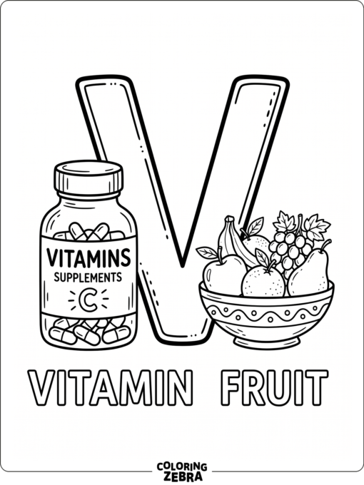 A letter V beside a vitamin bottle and fruit