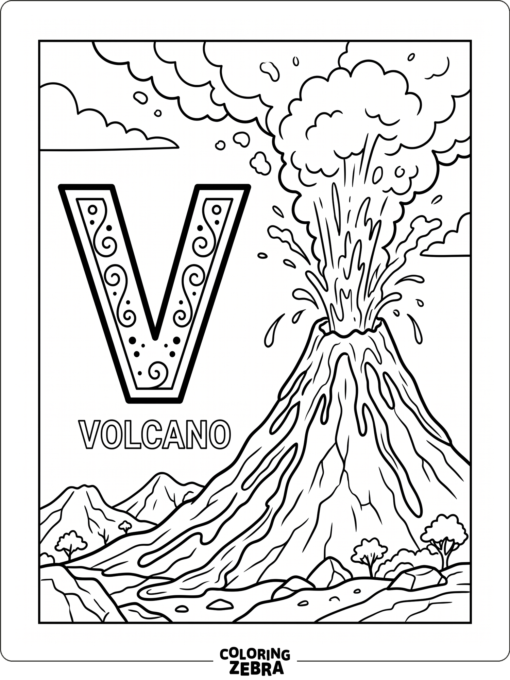 A big letter V with a volcano and lava