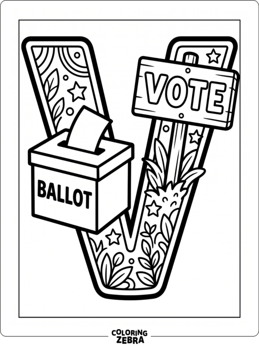 A big letter V with a ballot box and voting sign