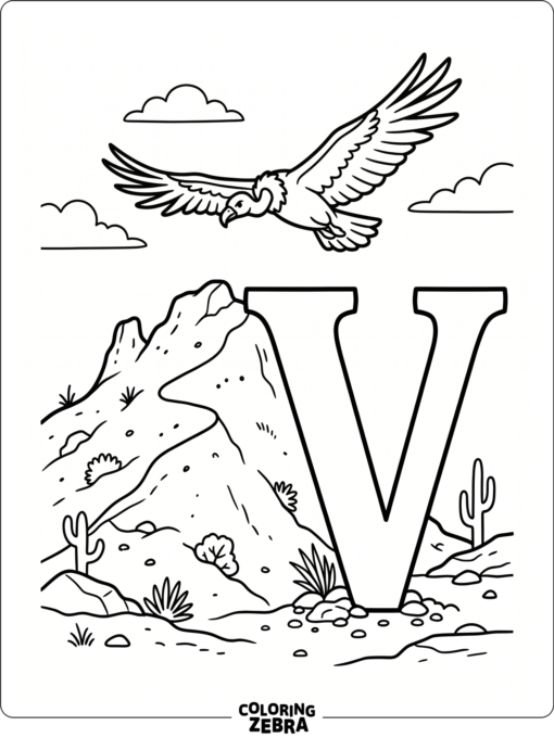A big letter V with a vulture flying over hills