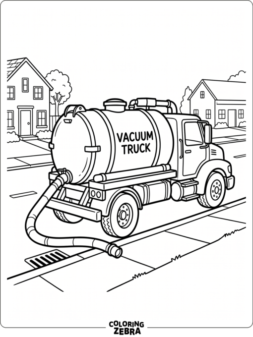 A vacuum truck with a hose and tank parked by the curb