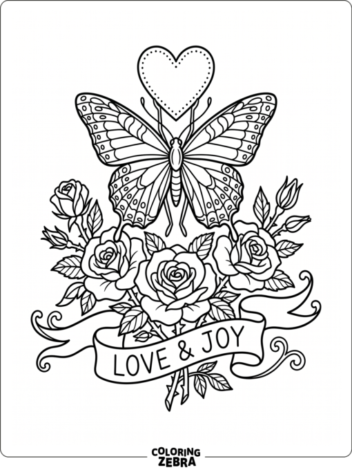 A butterfly with a heart above roses and ribbon