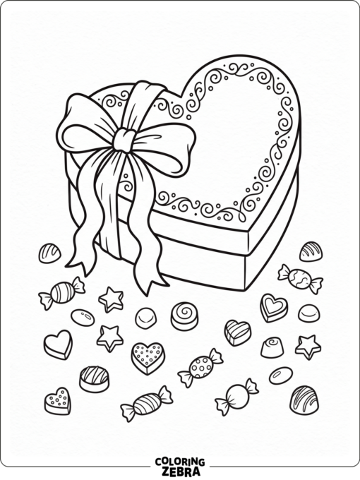 A heart-shaped box of chocolates with candy pieces