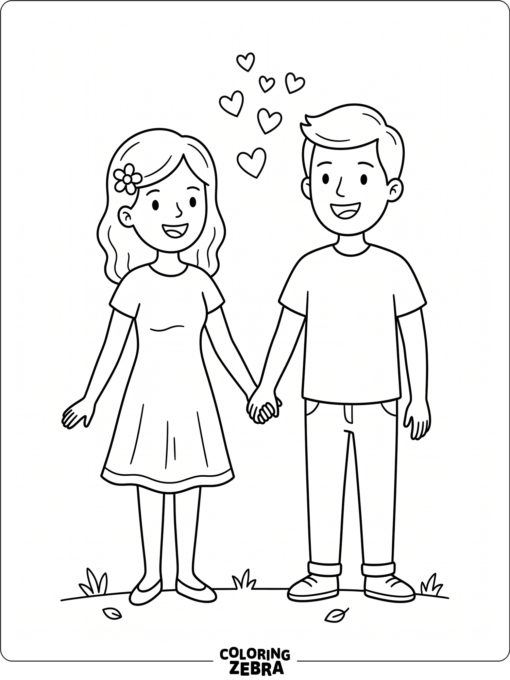 A happy couple holding hands with hearts