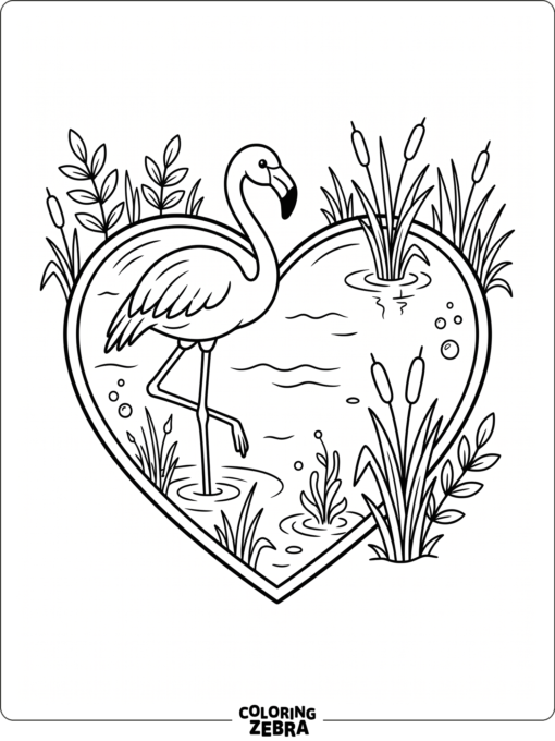 A flamingo in a heart-shaped pond
