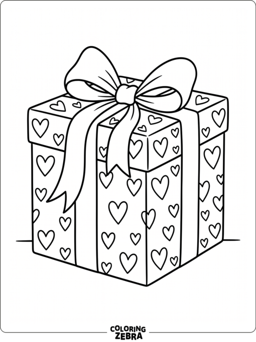A wrapped gift box with a bow and hearts