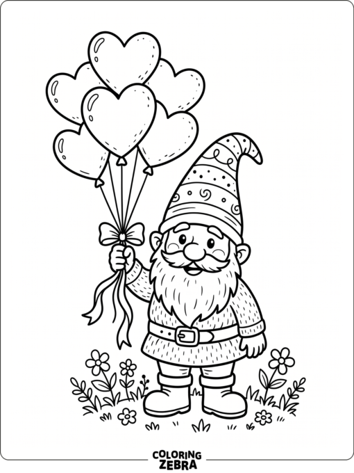 A gnome holding heart balloons and flowers