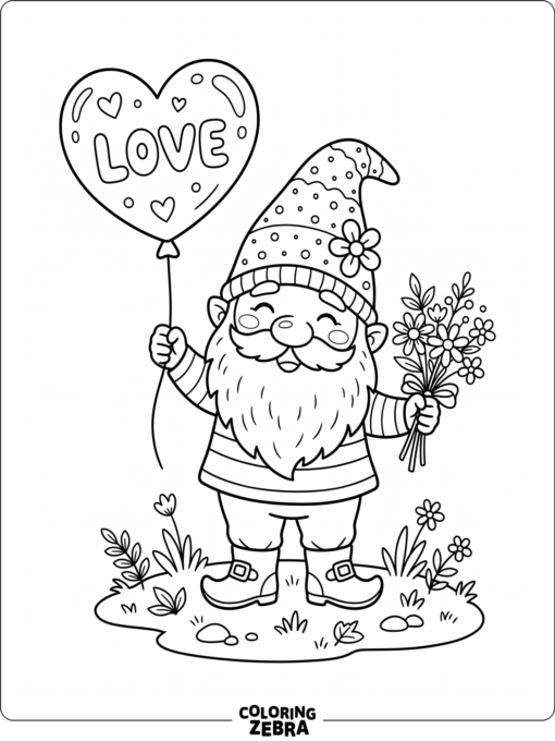 A Valentine gnome holding a heart balloon