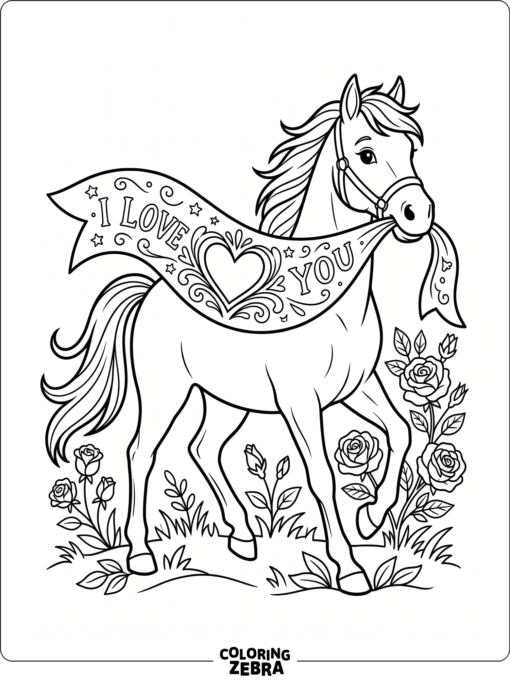 A horse with a heart banner and roses