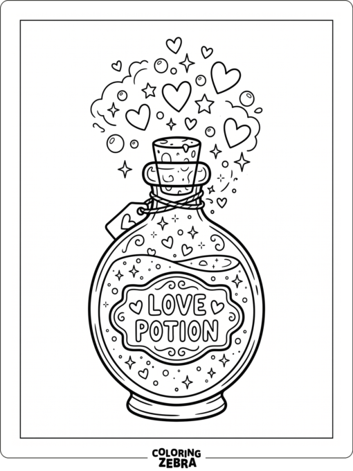 A love potion bottle with bubbles and hearts